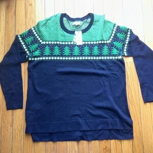NWT Crown And Ivy Christmas Tree Light Sweater Navy And Green XL Thin Soft